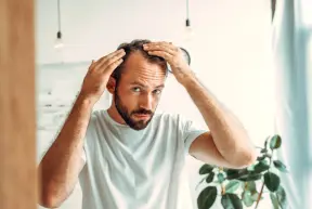 Erwachsener Mann mit Alopezie schaut in den Spiegel