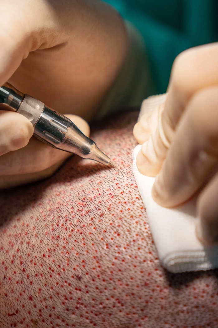 close up of hair surgeon hands extracting follicle